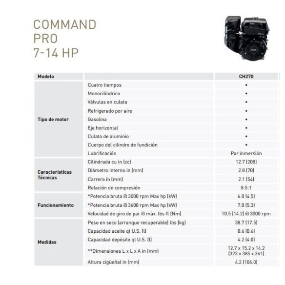 Kohler CH270 Engine Cylindrical 19.04mm Manual Crank (Oil Alert)