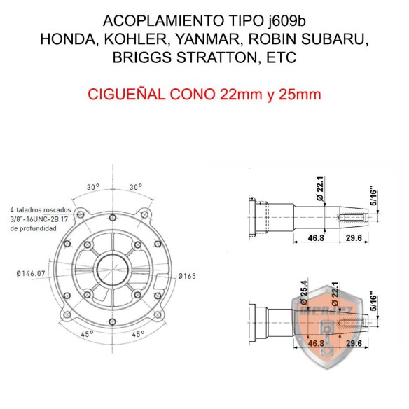 ALTERNADOR SINCRO 3000RPM MONOFASICO 8KVA ACOPLAMIENT J609B CONO 25,4MM (TIPO KOHLER, HONDA)