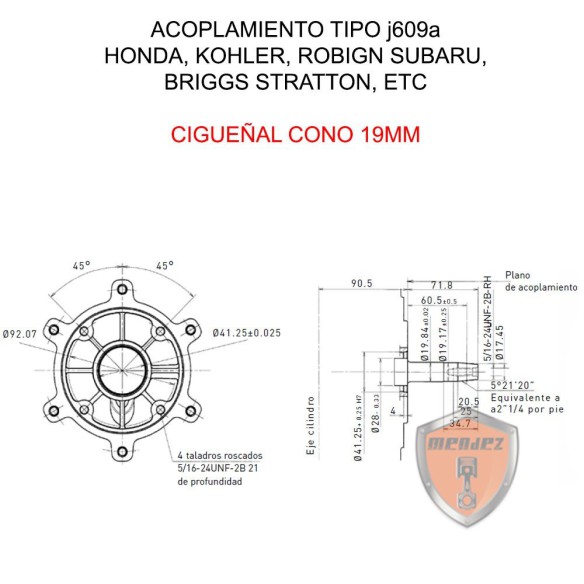 ALTERNADOR SINCRO 3000RPM MONOFASICO 3,5KVA ACOPLAMIENTO J609 CONO 19MM (TIPO KOHLER, HONDA)